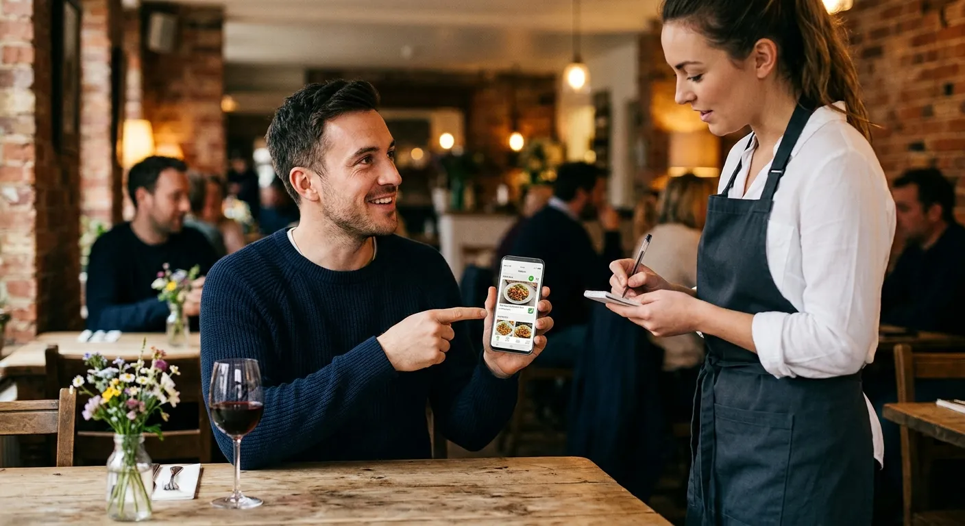 Claymation illustration of a customer smiling while browsing a menu on their phone