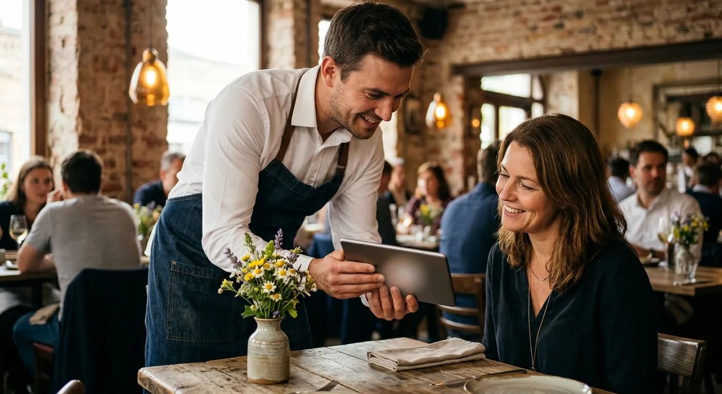 A waiter showing a guest a personalised menu on a tablet