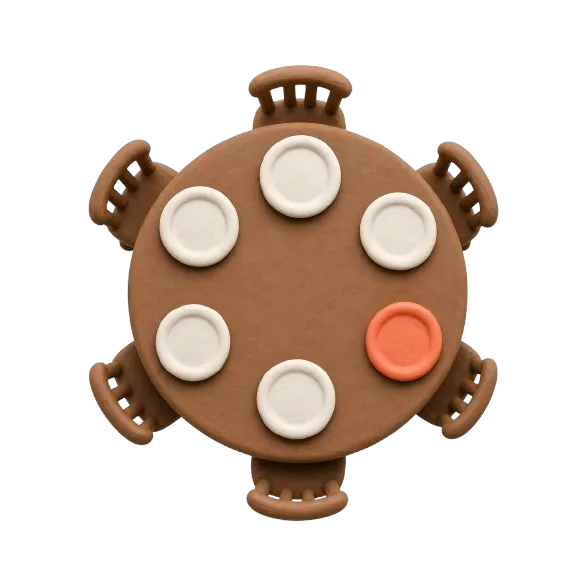 Claymation illustration of a restaurant table with guests and dietary needs