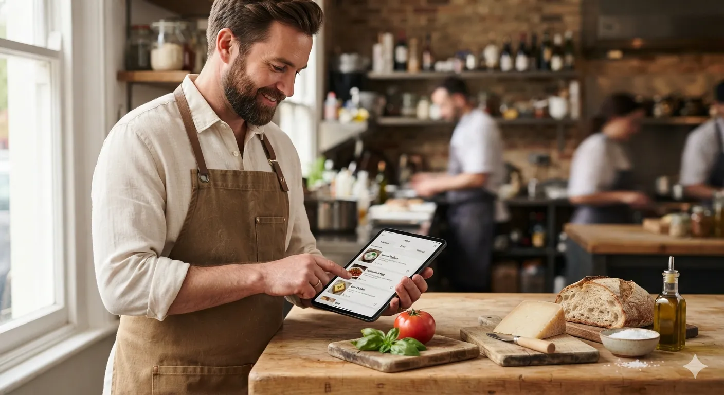 Claymation illustration of a hospitality operator organising ingredients into a digital menu
