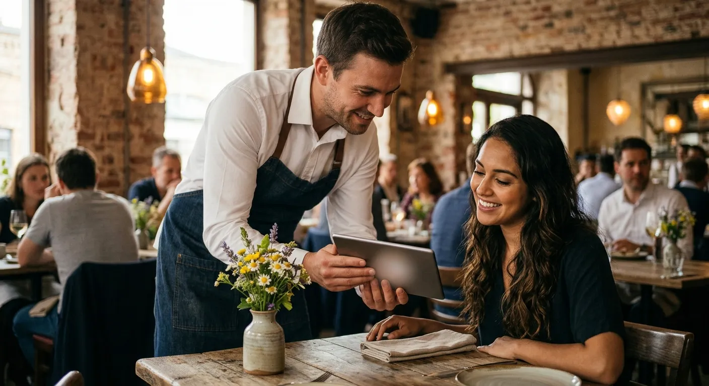Claymation illustration of a waiter showing a personalised menu on a tablet to a seated guest