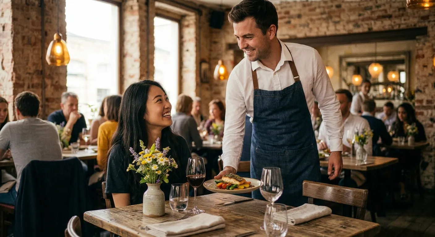 Claymation illustration of a waiter confidently serving a plated dish to a happy customer